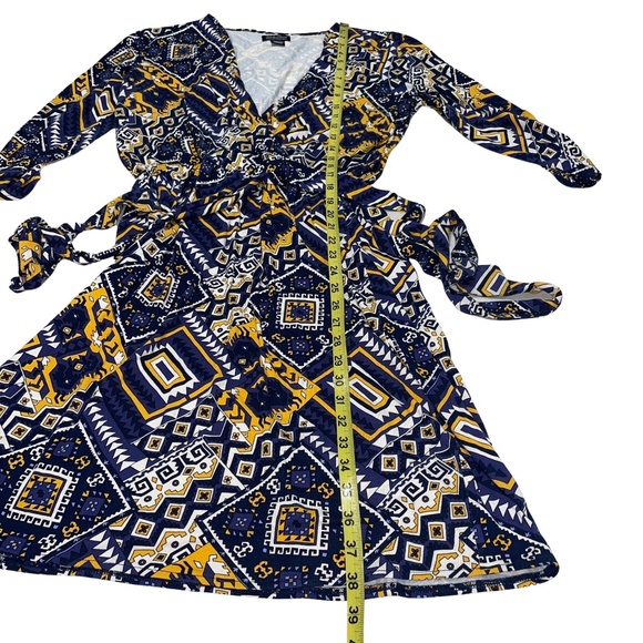 Lucky Brand Geometric/Aztec 3/4 Sleeve Surplice V-Neck Faux Wrap Mini Dress Sz L - Picture 9 of 15